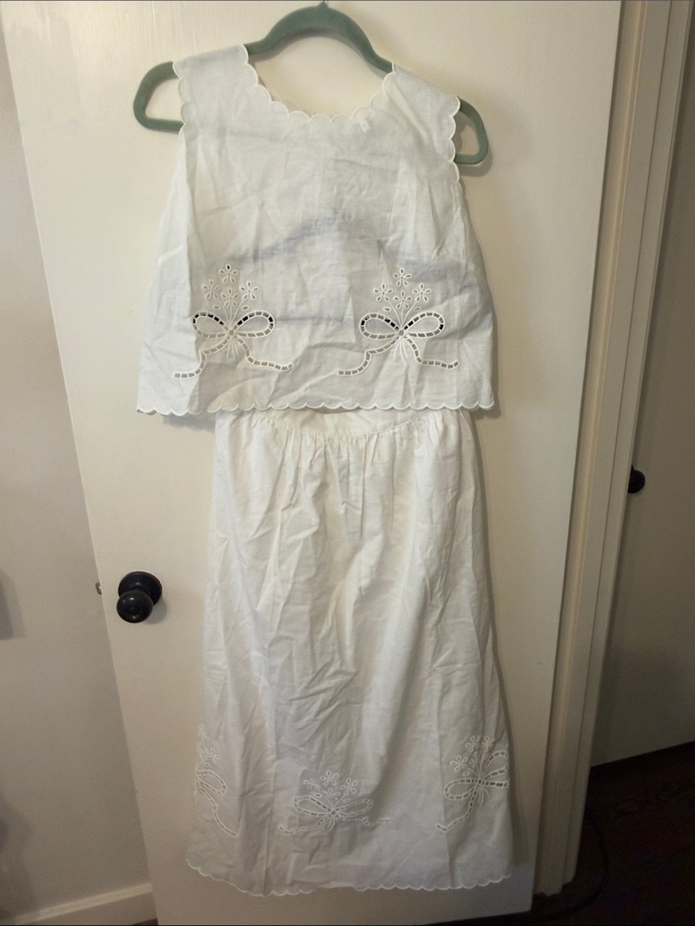 MWT Mable Women's White Linen Eyelet Top & Midi Skirt Set - Large